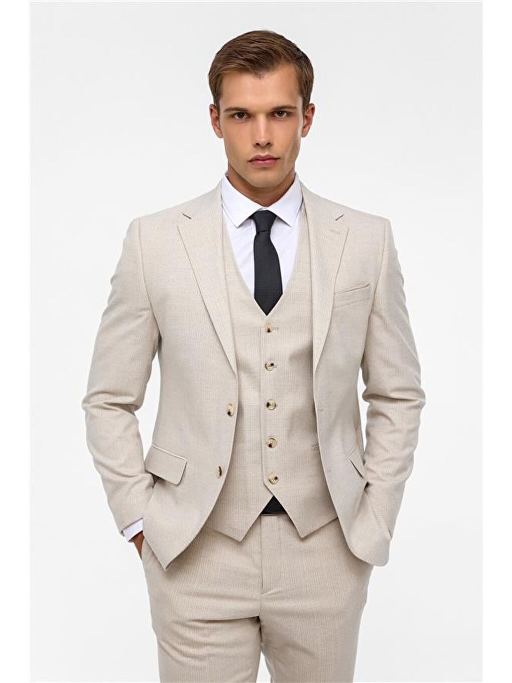 Ekru Slim Desenli Mono Yaka 6 Drop Yelekli Takım Elbise-1