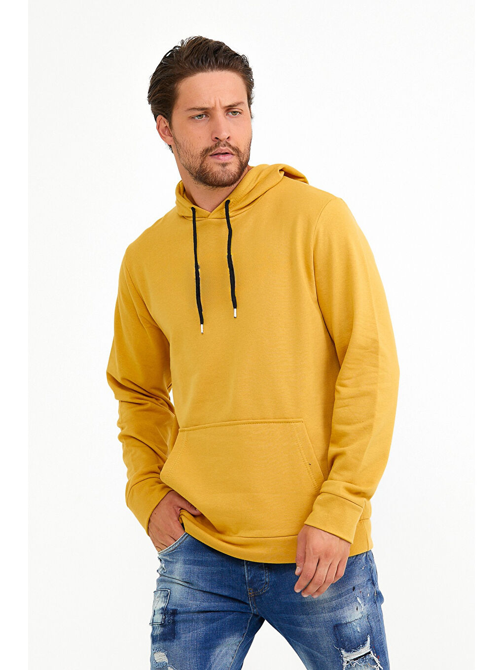 Sarı Kapüşonlu Standart Kalıp İçi Polarlı 3 İplik Erkek Büyük Beden Hoodie spr25sw55-1