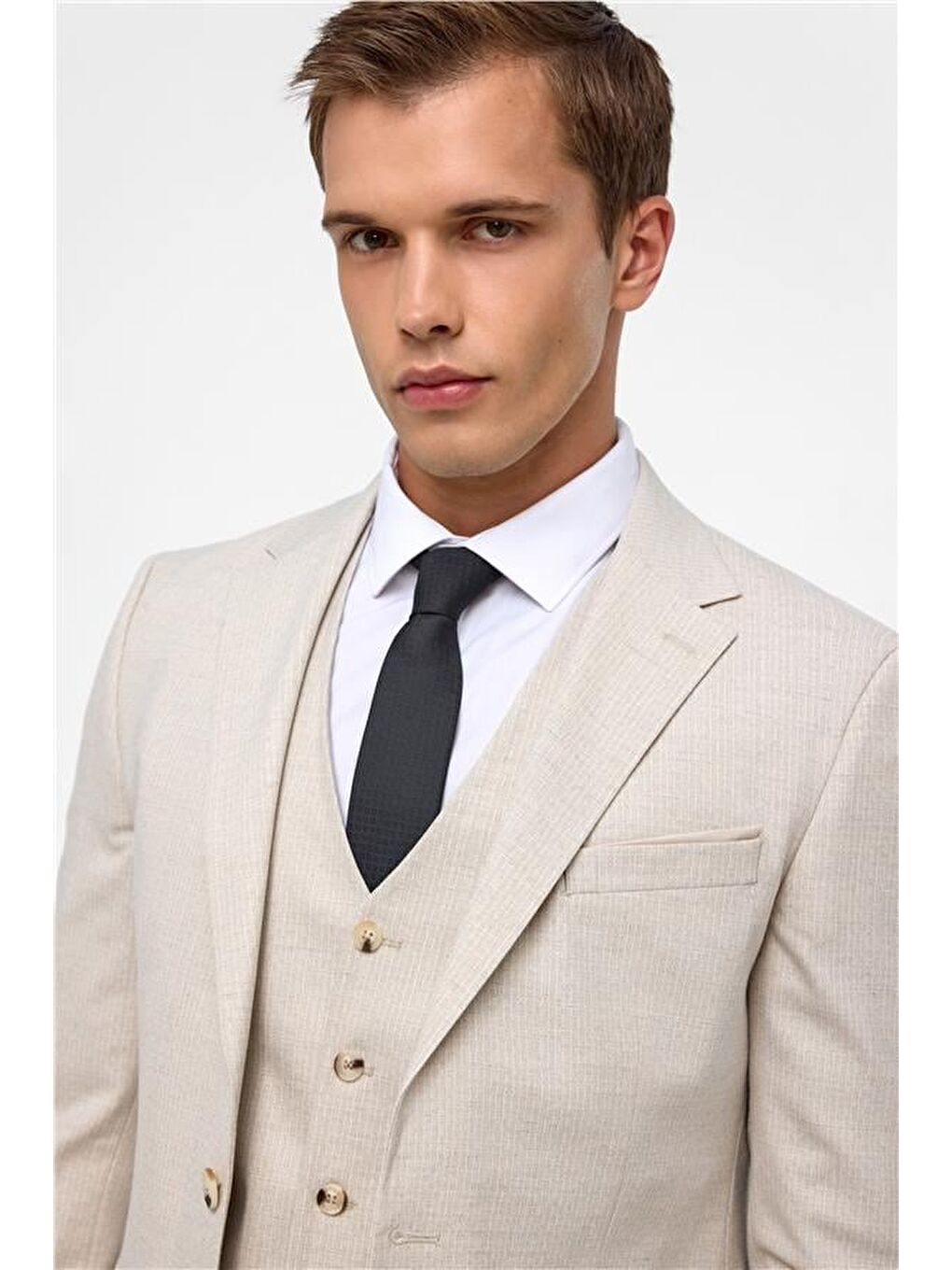 Ekru Slim Desenli Mono Yaka 6 Drop Yelekli Takım Elbise-2