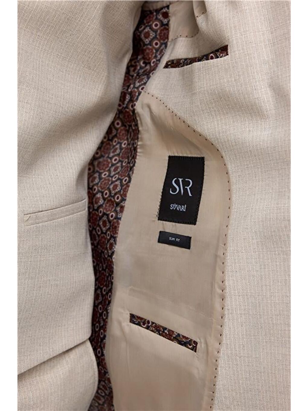 Ekru Slim Desenli Mono Yaka 6 Drop Yelekli Takım Elbise-4