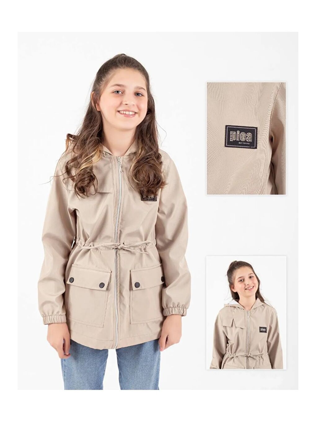 Bej Kız Çocuk Mevsimlik Su İtici Çıtçıt Kapamalı Cepli Yağmurluk M00752-1