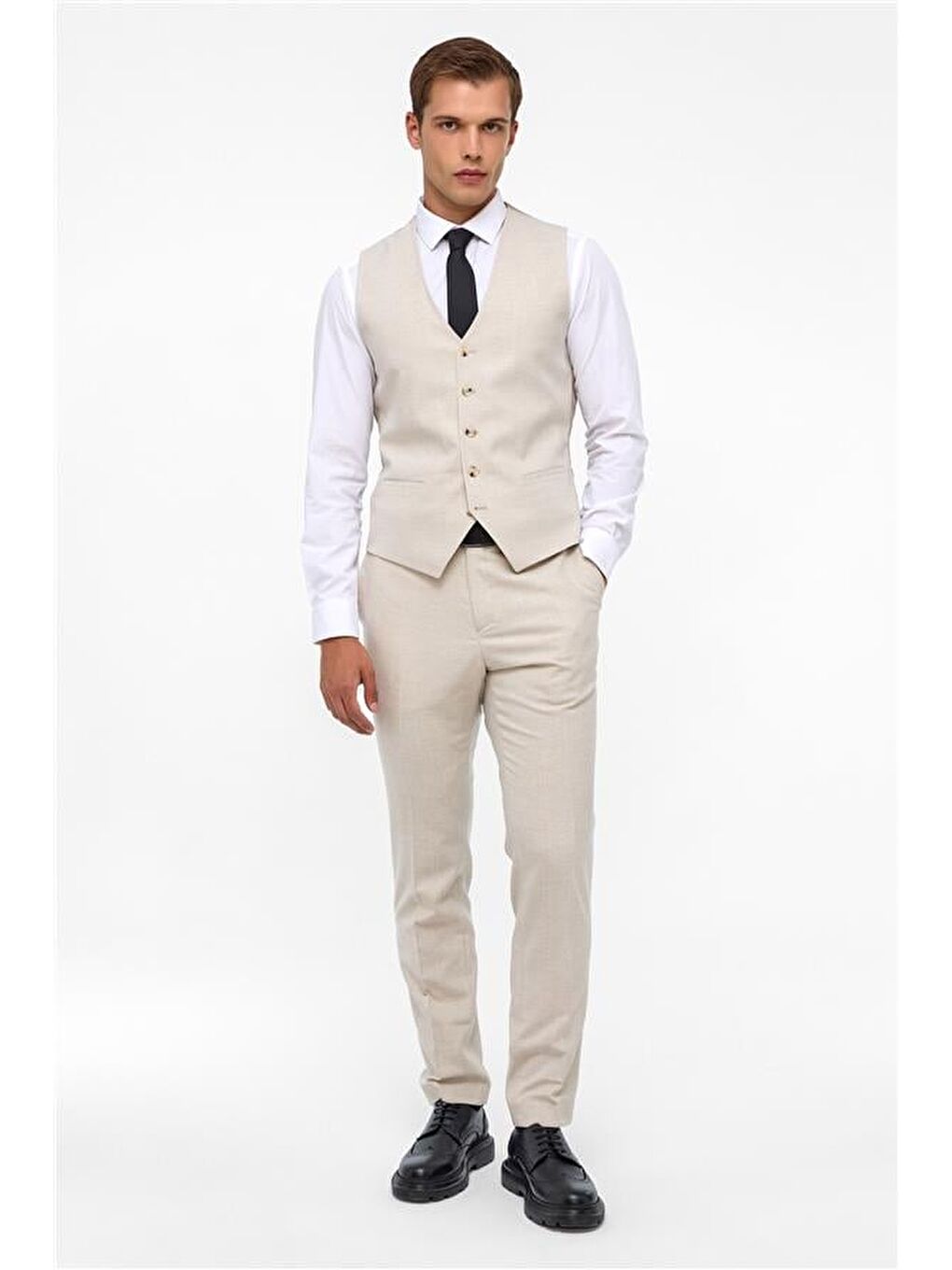 Ekru Slim Desenli Mono Yaka 6 Drop Yelekli Takım Elbise-5