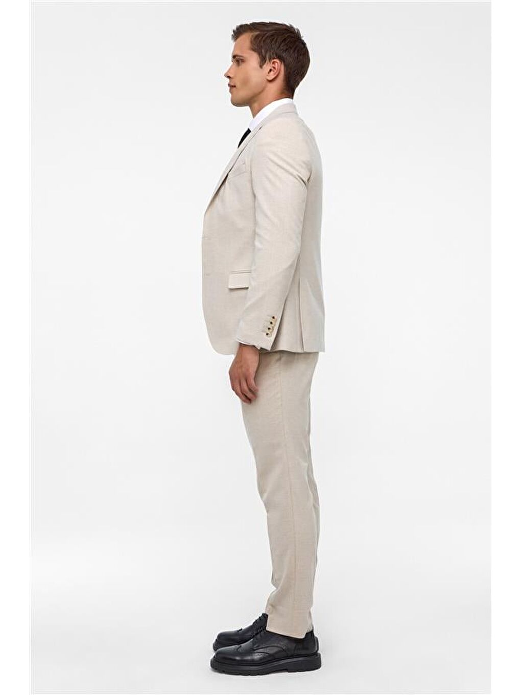 Ekru Slim Desenli Mono Yaka 6 Drop Yelekli Takım Elbise-6