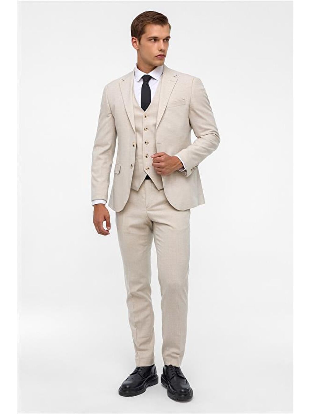 Ekru Slim Desenli Mono Yaka 6 Drop Yelekli Takım Elbise-9