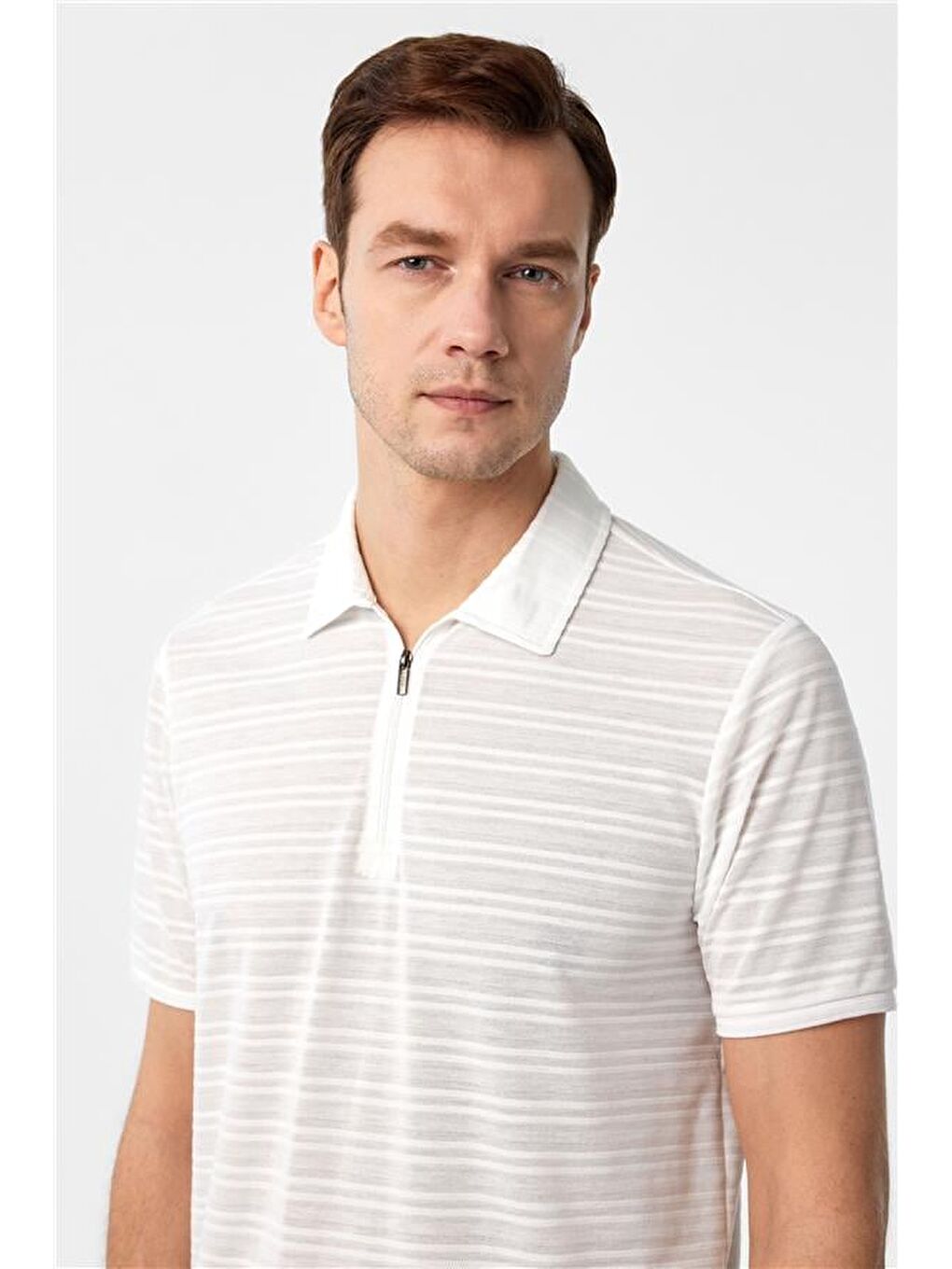 Beyaz Slim Fitilli Polo Yaka Tişört-1