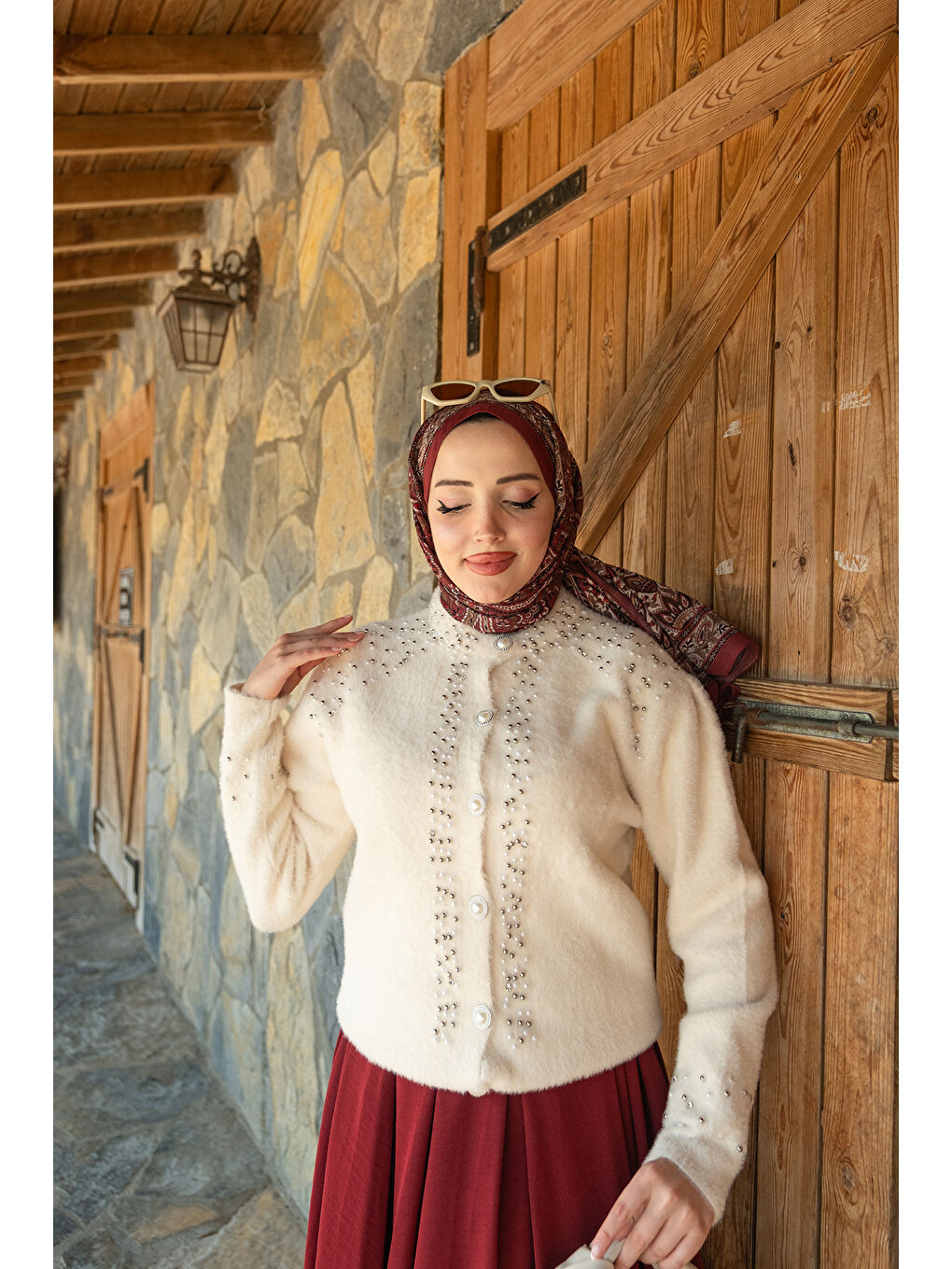 Kadın Taş Detay Triko Ceket Bej-3