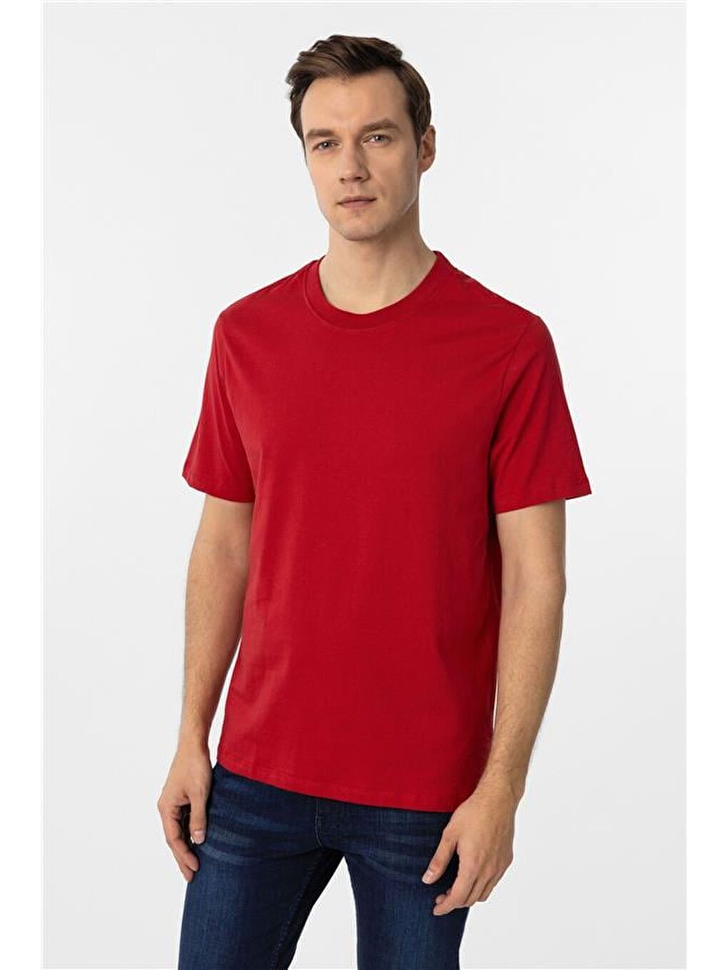 Kırmızı Regular Düz Bisiklet Yaka Tişört-1
