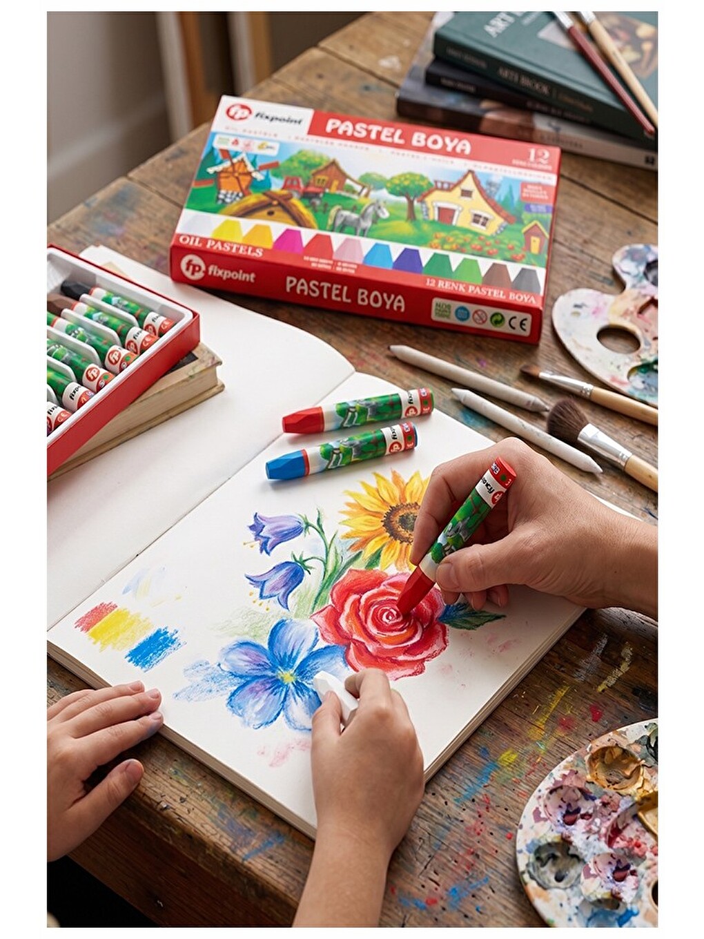 Pastel Boya 12 Renk 1 Paket Fixpoint Pastel Boya 12 Li Karton Kutulu Parlak Canlı Ve Örtücü Renkler-1