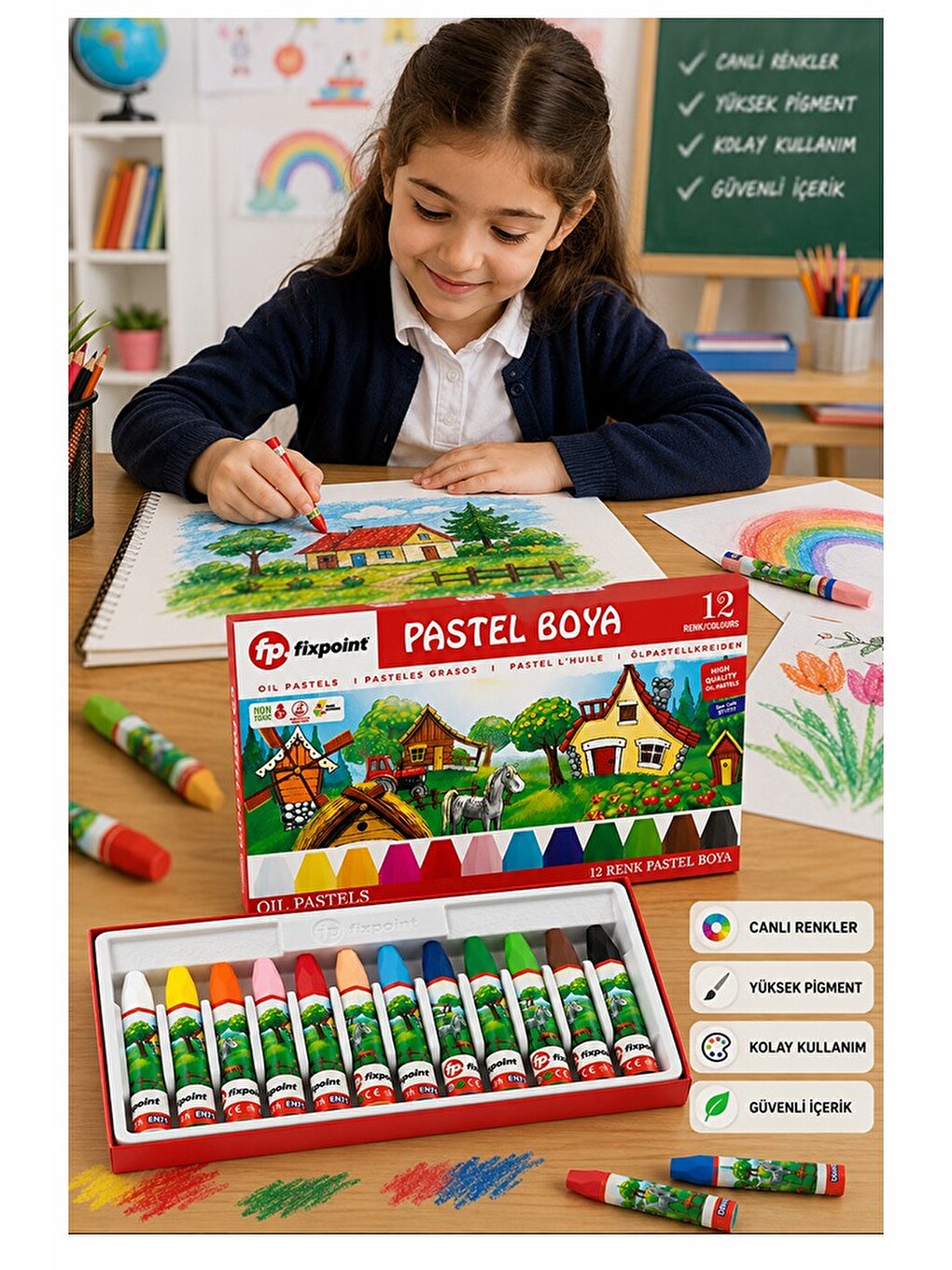 Pastel Boya 12 Renk 1 Paket Fixpoint Pastel Boya 12 Li Karton Kutulu Parlak Canlı Ve Örtücü Renkler-4