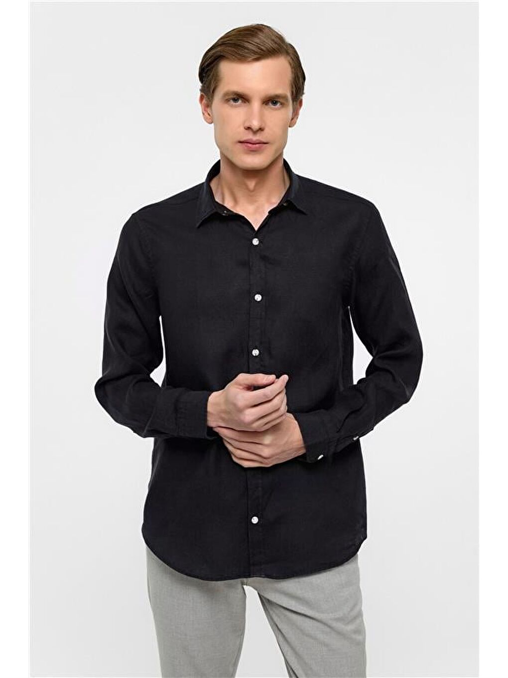 Siyah Regular Düz Klasik Yaka Gömlek-1