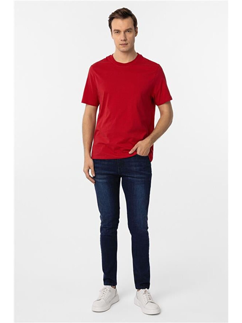 Kırmızı Regular Düz Bisiklet Yaka Tişört-4