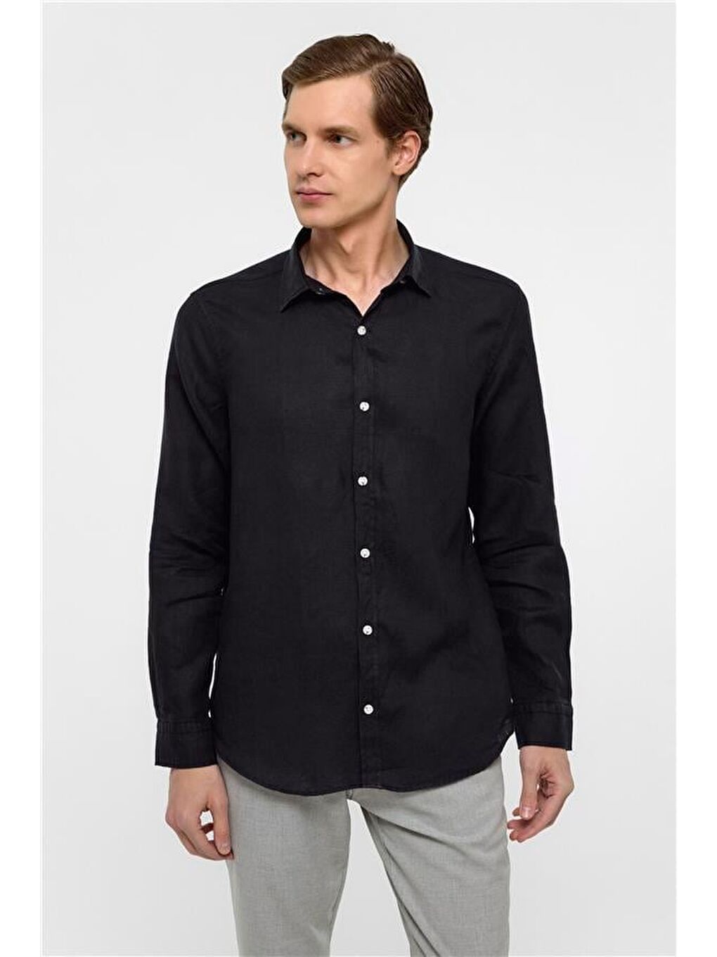 Siyah Regular Düz Klasik Yaka Gömlek-2