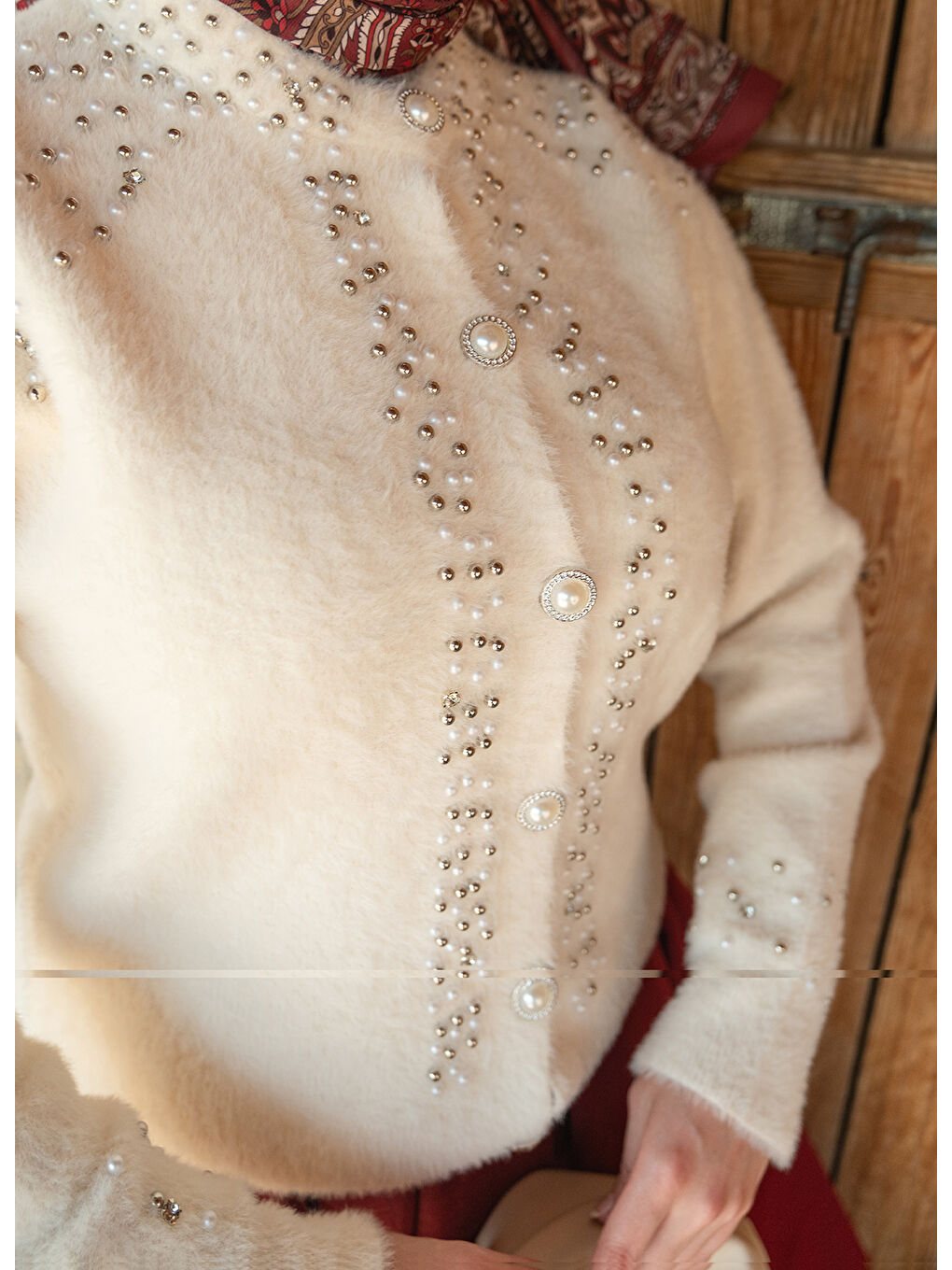 Kadın Taş Detay Triko Ceket Bej-4