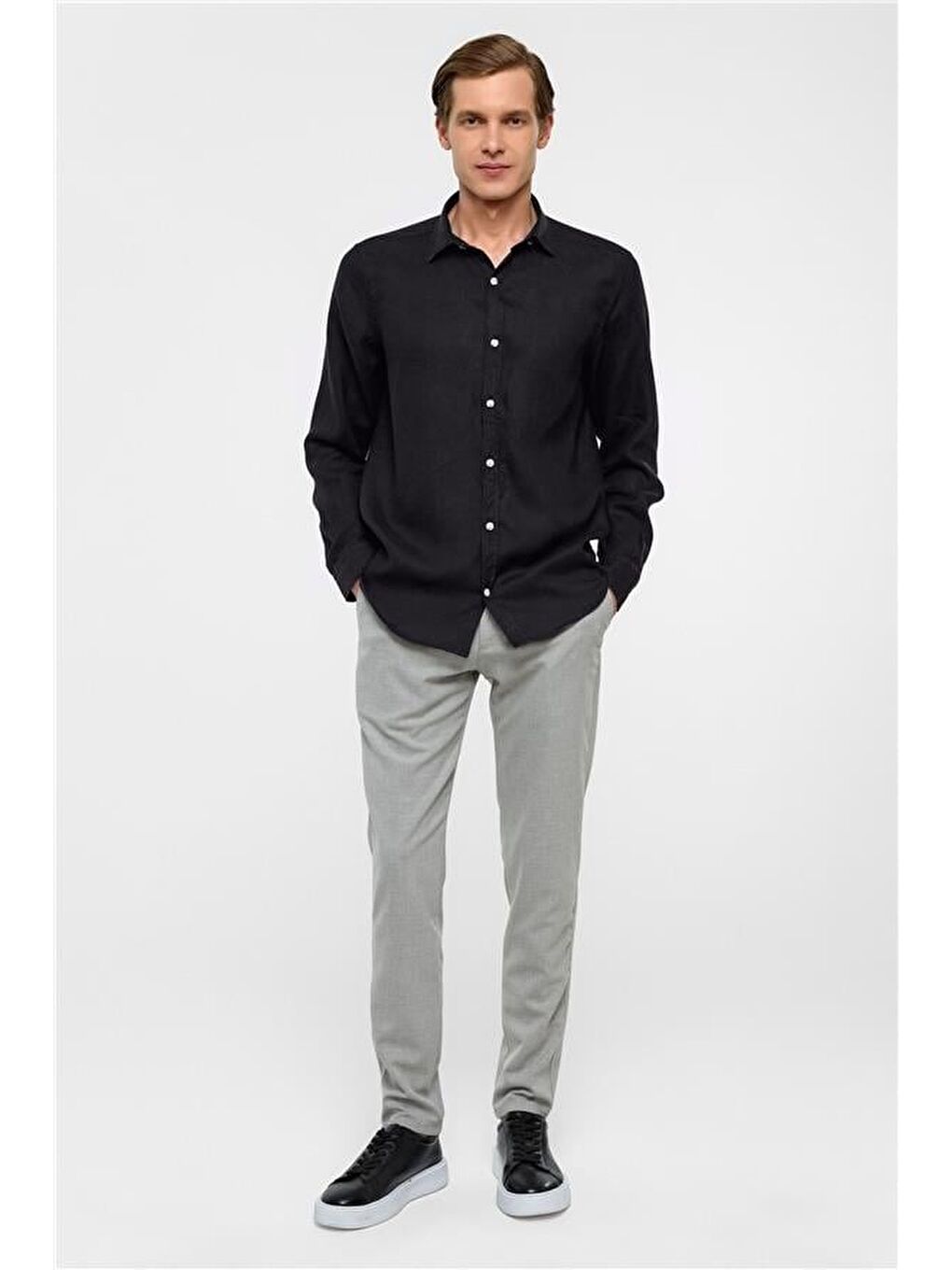 Siyah Regular Düz Klasik Yaka Gömlek-6