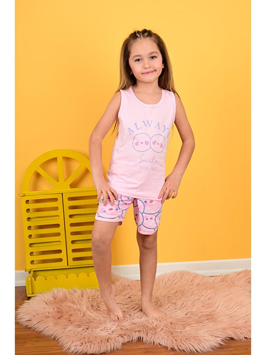 Pembe Kız Çocuk Askılı Pijama Takımı Always Smile Somon