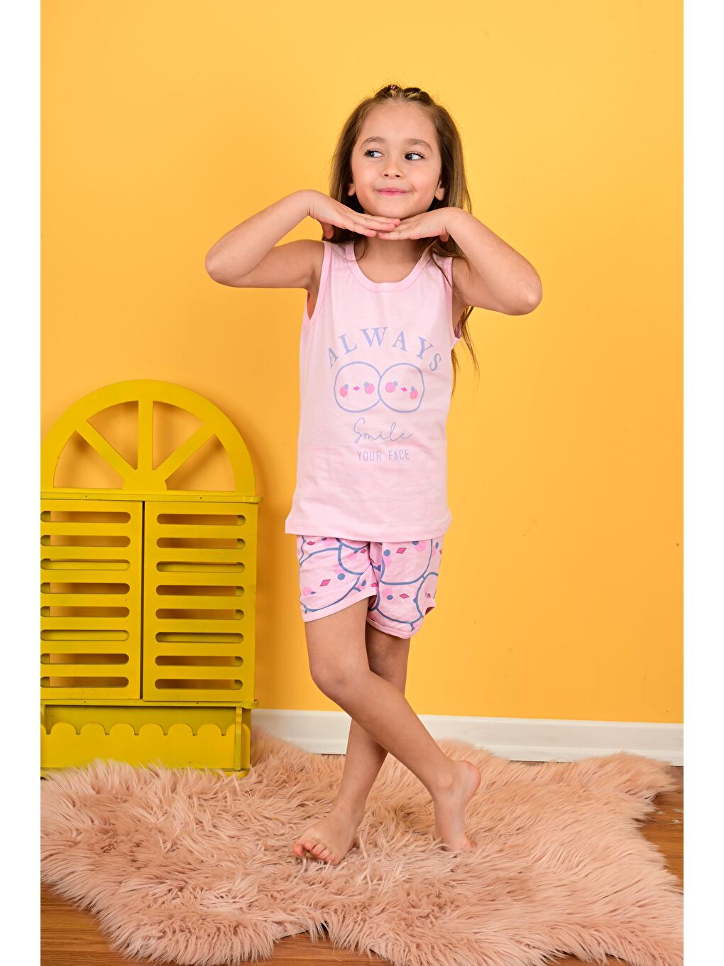 Pembe Kız Çocuk Askılı Pijama Takımı Always Smile Somon-1