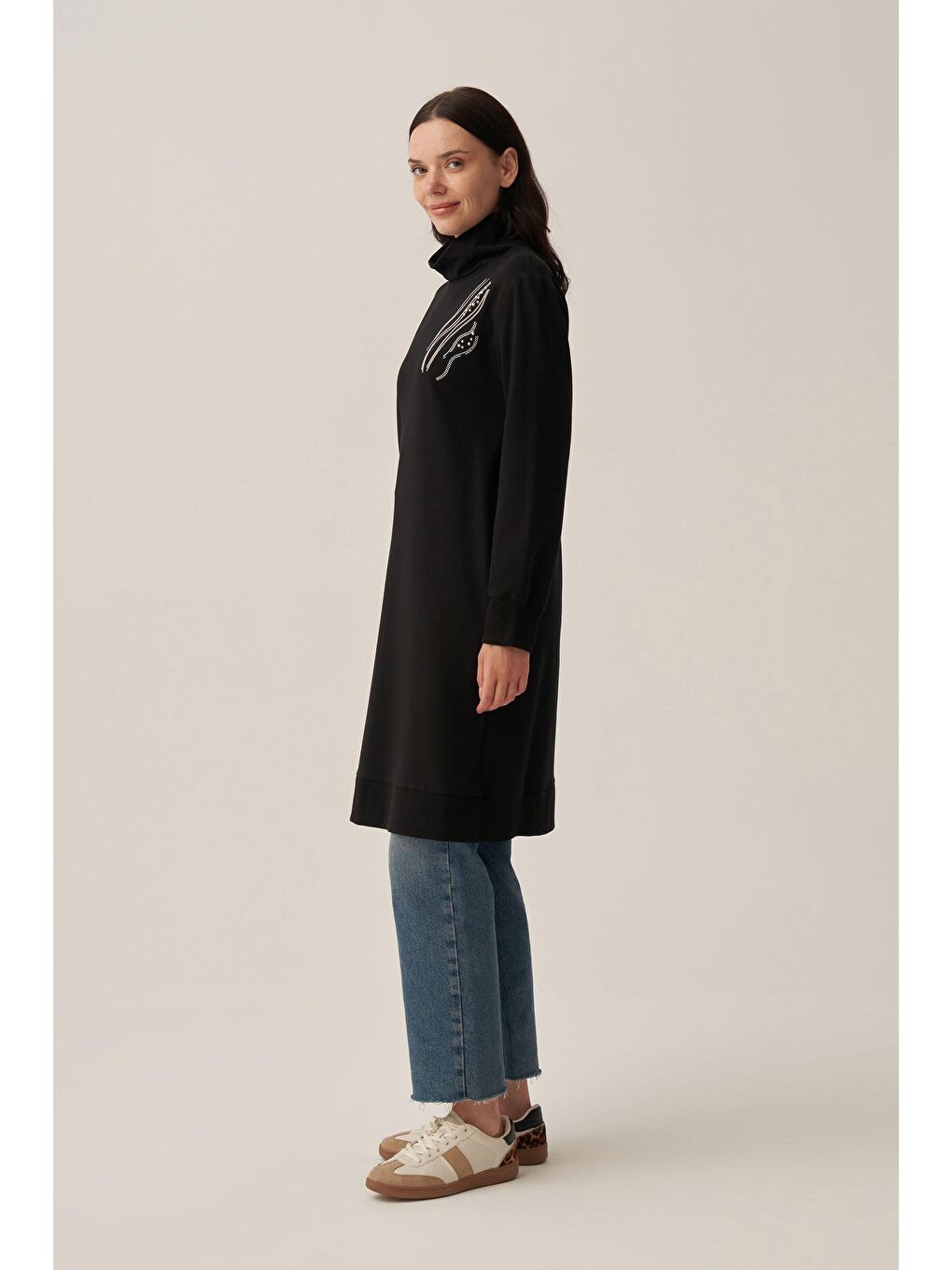 Siyah-Taş İşlemeli Pamuklu Tunik-2