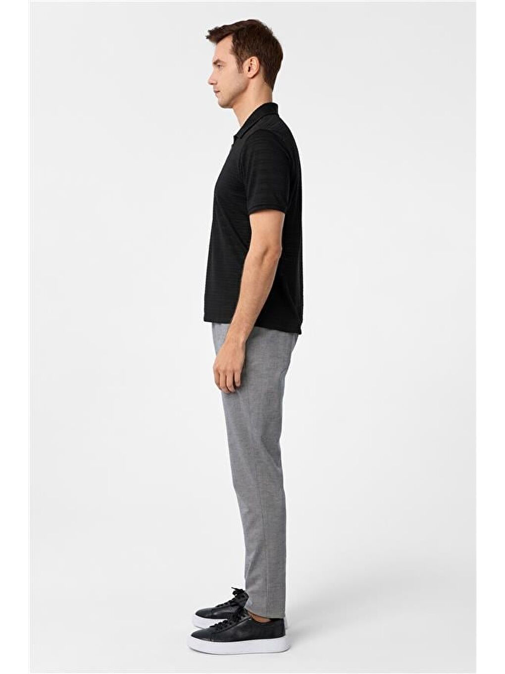 Siyah Slim Fitilli Polo Yaka Tişört-4