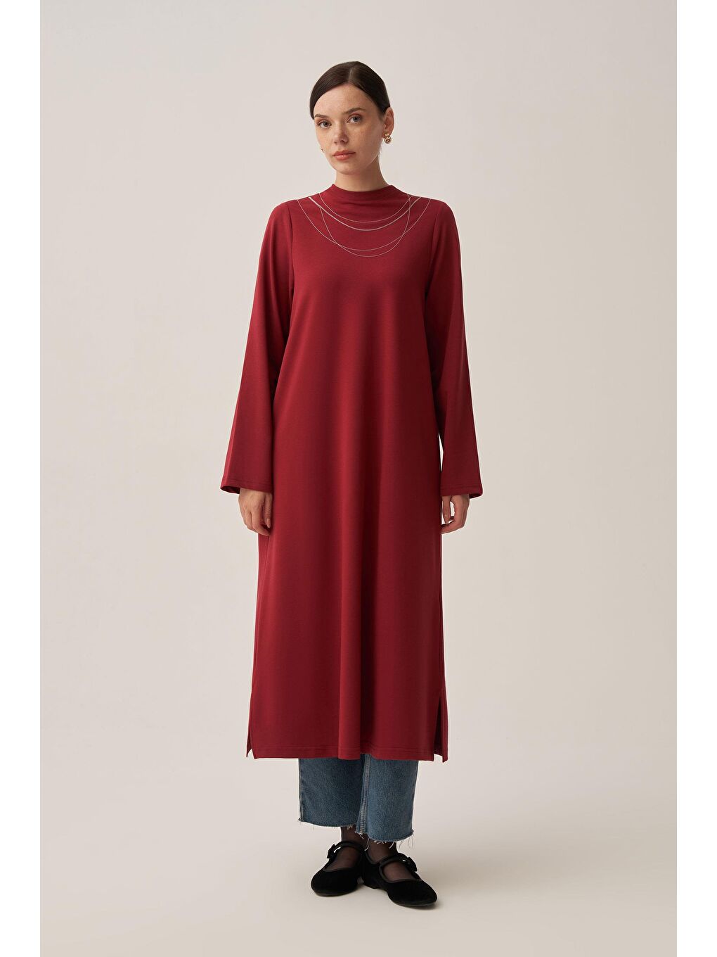 Bordo-Pamuklu Zincir İşlemeli Tunik