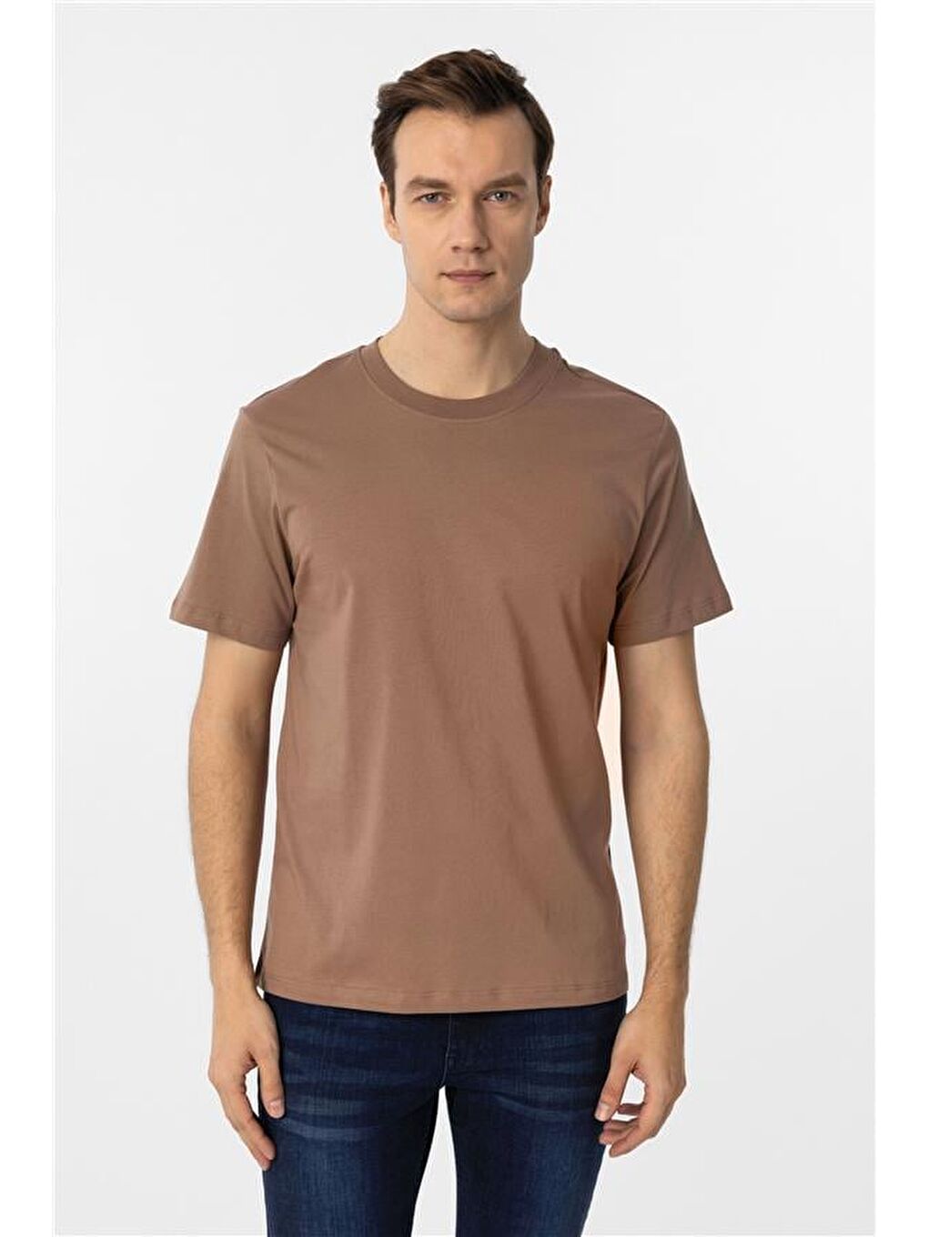 Kahverengi Kiremit Regular Düz Bisiklet Yaka Tişört