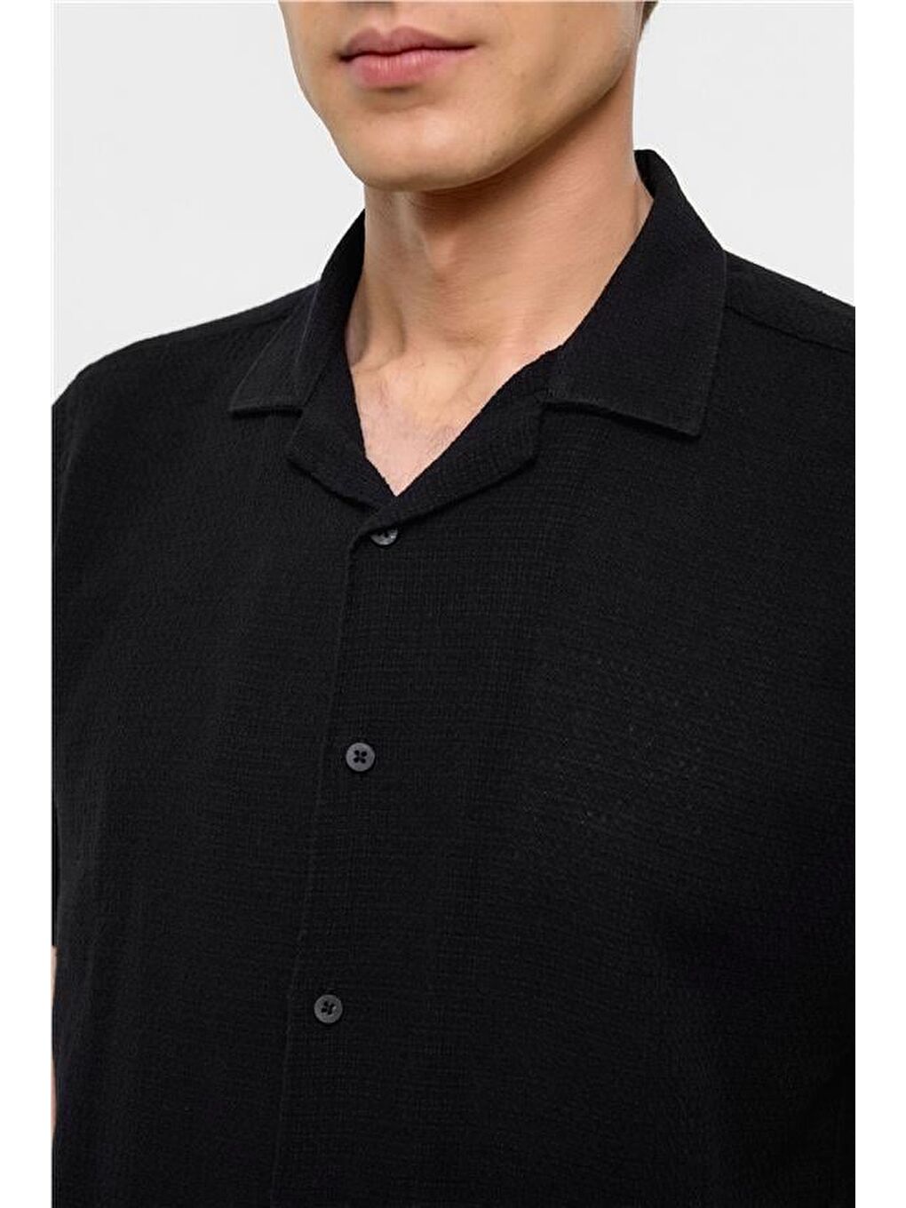 Siyah Slim Düz Apaş Yaka Gömlek-3