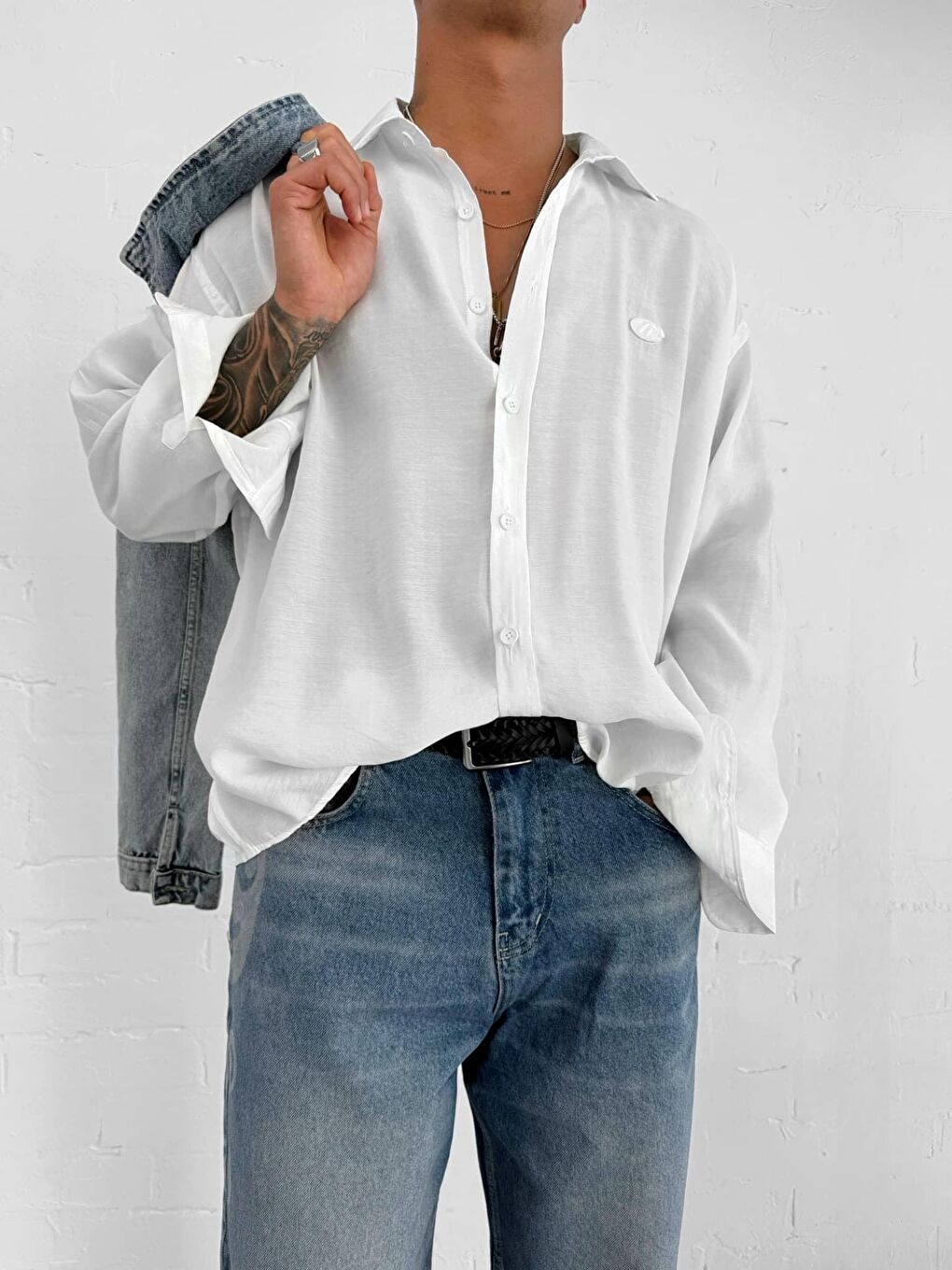 Erkek Uzun Kollu Rahat Kesim Oversize İnce Gömlek Beyaz-3