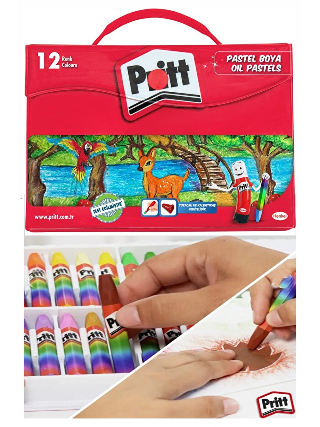 Pastel Boya 12 Renk Plastik Çantalı 1 Adet Tutucu Hediyeli Pritt Pastel Boya 12 Li Çantalı Canlı Ren-2