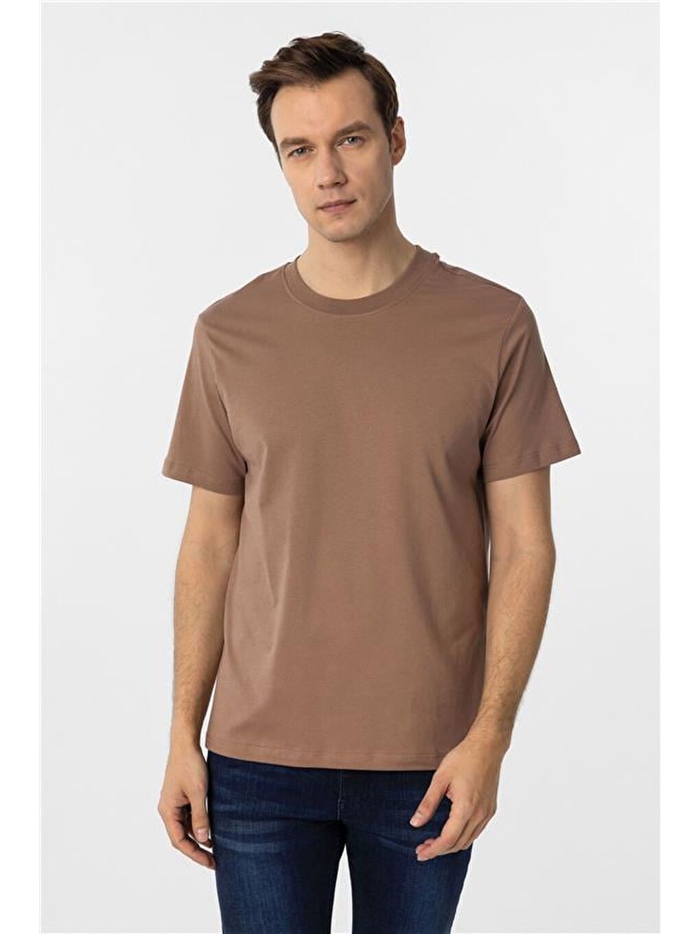 Kahverengi Kiremit Regular Düz Bisiklet Yaka Tişört-1