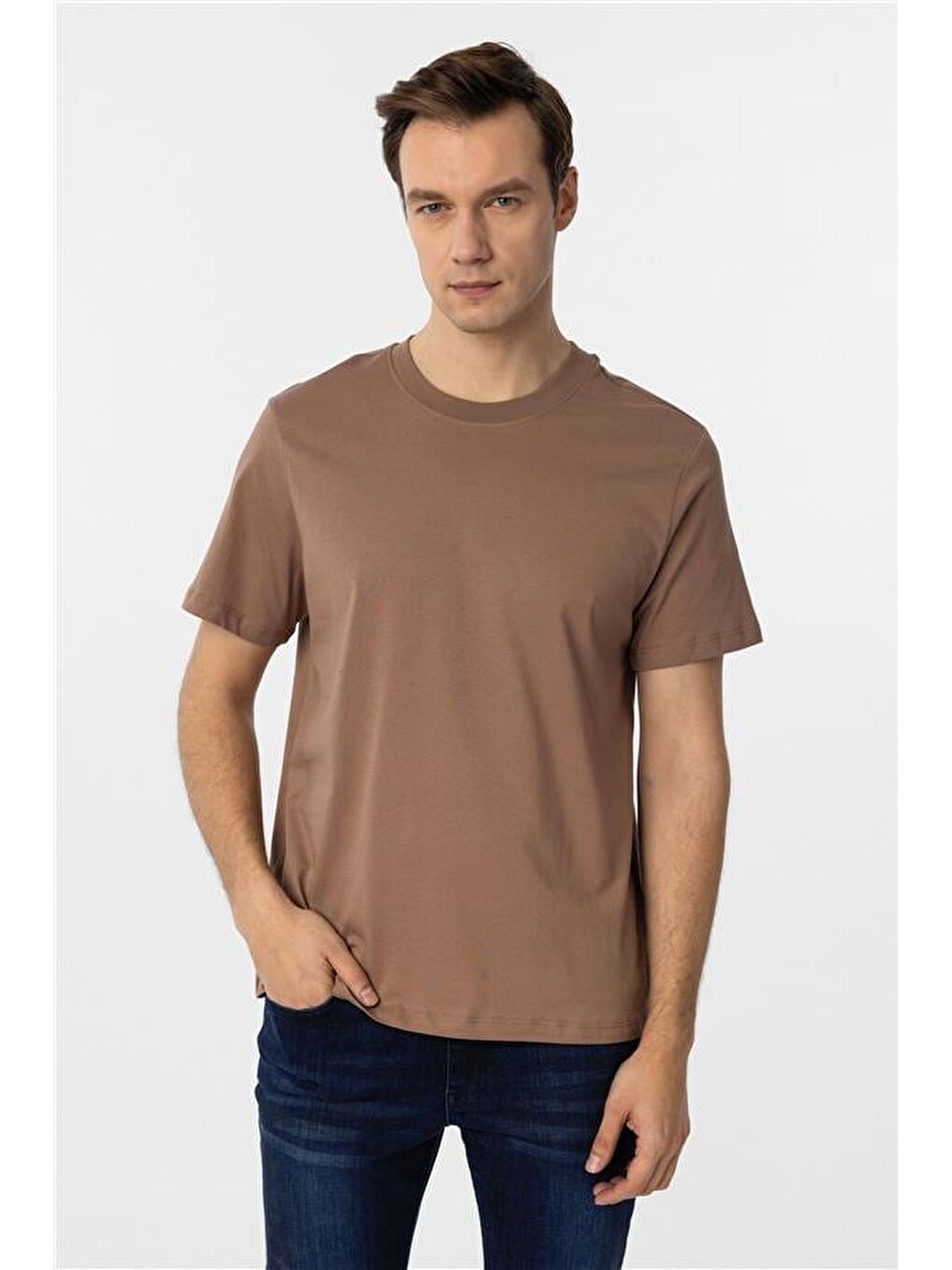 Kahverengi Kiremit Regular Düz Bisiklet Yaka Tişört-2