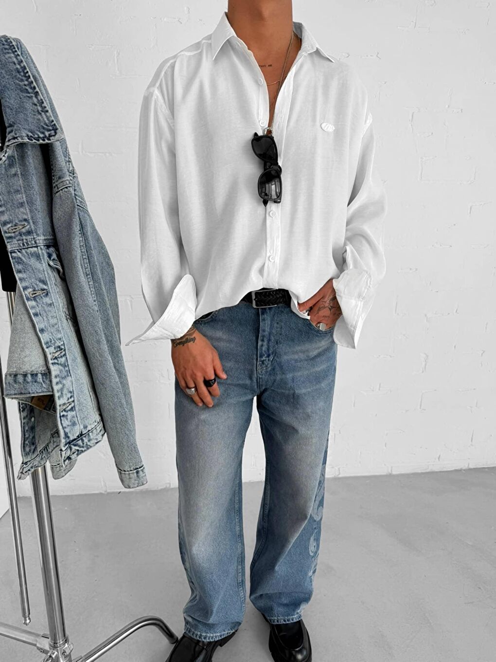 Erkek Uzun Kollu Rahat Kesim Oversize İnce Gömlek Beyaz-4