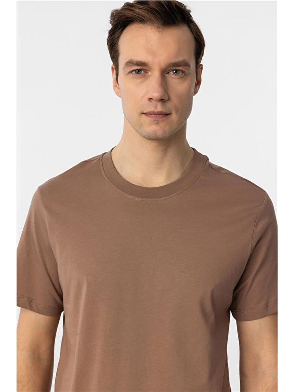 Kahverengi Kiremit Regular Düz Bisiklet Yaka Tişört-3