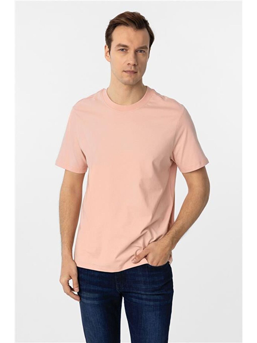 Koyu Pembe Regular Düz Bisiklet Yaka Tişört-1