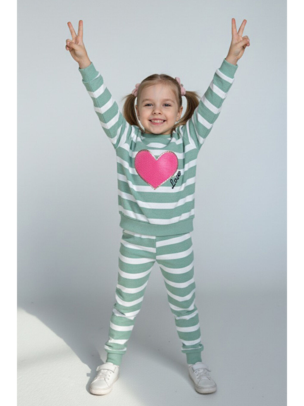 Yeşil Kız Çocuk Mint Çizgili Nakışlı İki İplik İkili Takım - 28010-MINT