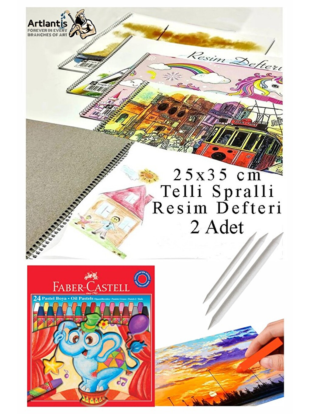 24 Renk Pastel Boya 25x35 Cm Telli Spralli Resim Defteri Pastel Dağıtma Kalemi 15 Yaprak Resim Defte