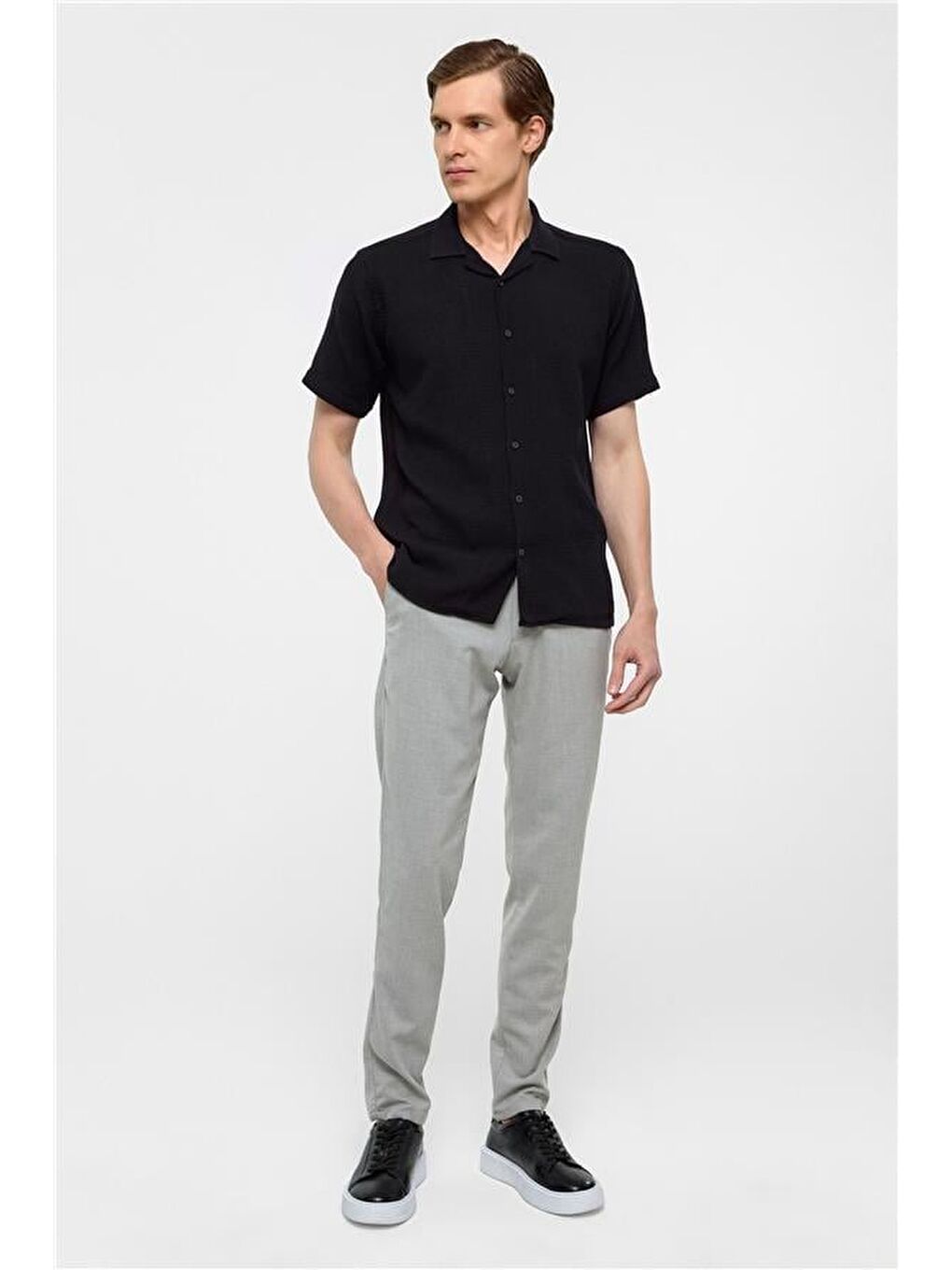 Siyah Slim Düz Apaş Yaka Gömlek-6