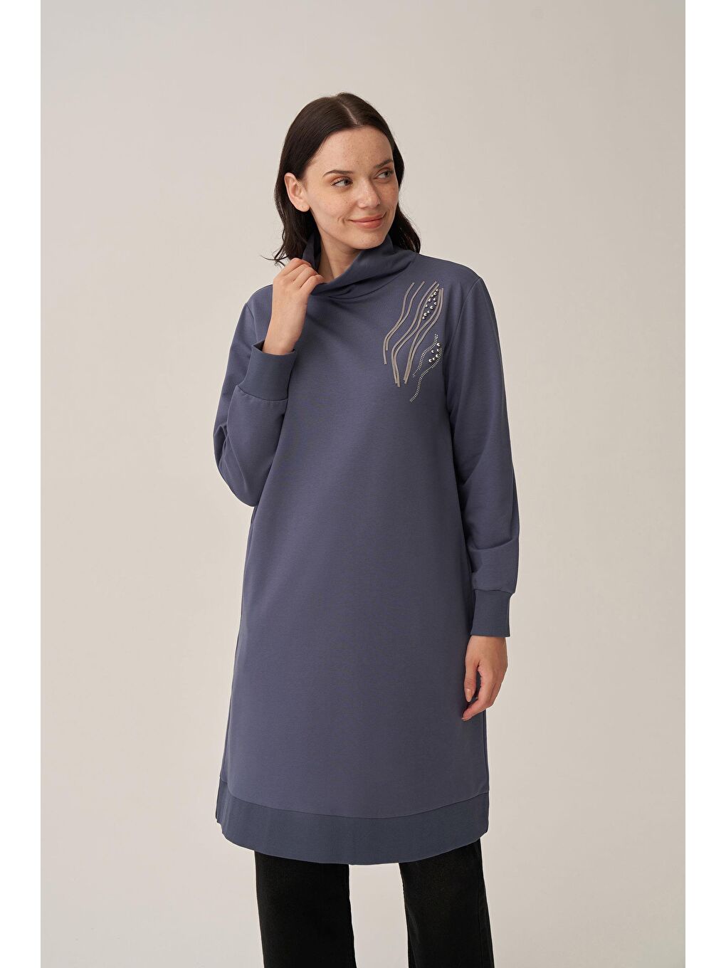 Mavi-Taş İşlemeli Pamuklu Tunik