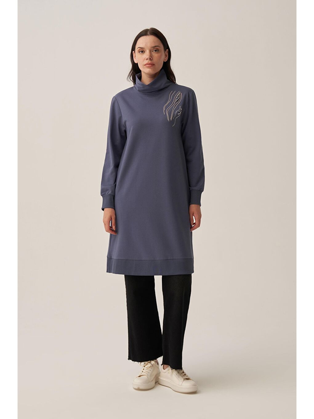 Mavi-Taş İşlemeli Pamuklu Tunik-1