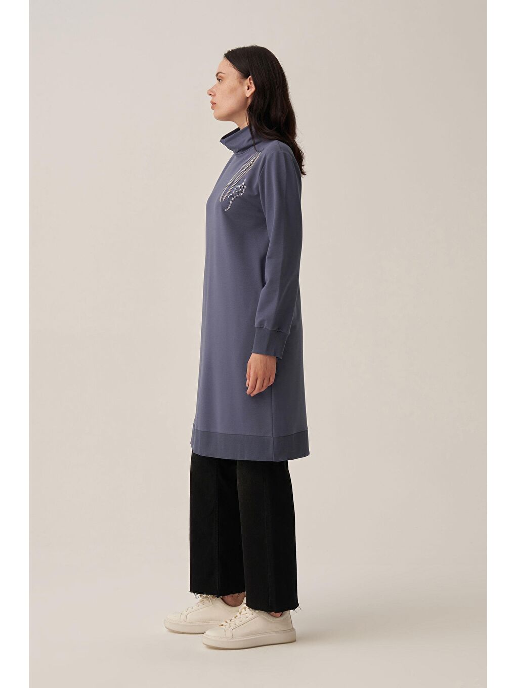 Mavi-Taş İşlemeli Pamuklu Tunik-2