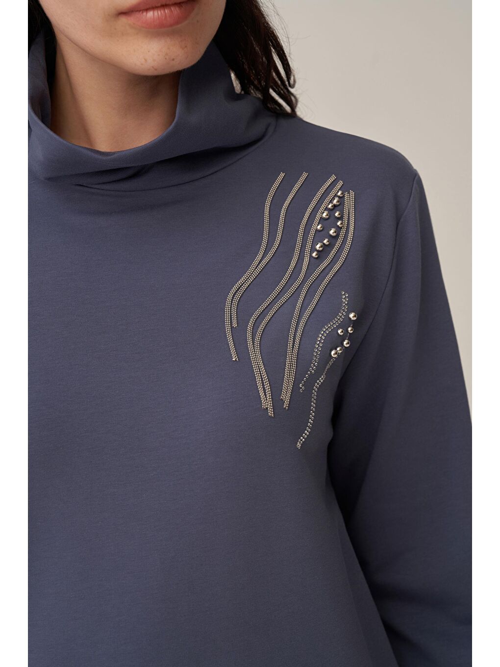 Mavi-Taş İşlemeli Pamuklu Tunik-4