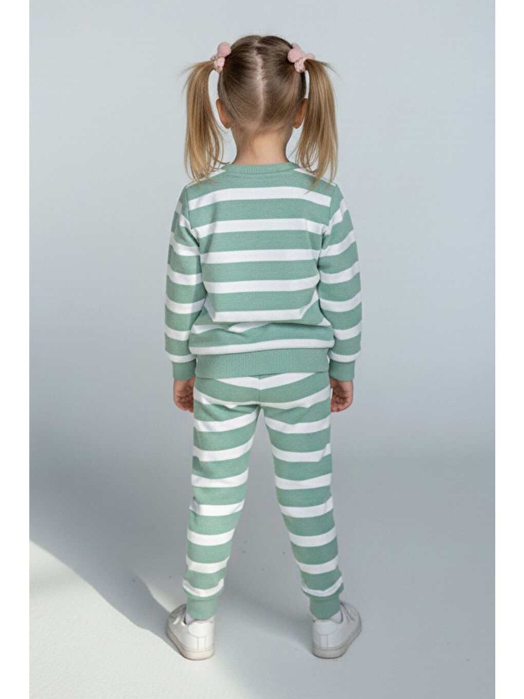 Yeşil Kız Çocuk Mint Çizgili Nakışlı İki İplik İkili Takım - 28010-MINT-1