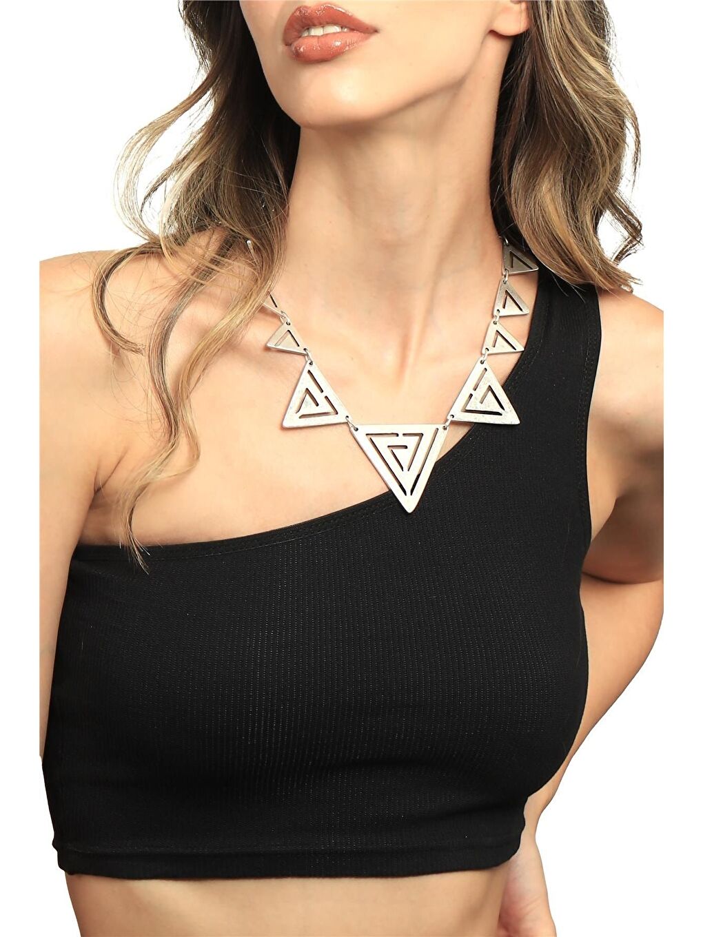 Gri Kadın Antik Gümüş Kaplama Üçgen Parçalı Kolye-1