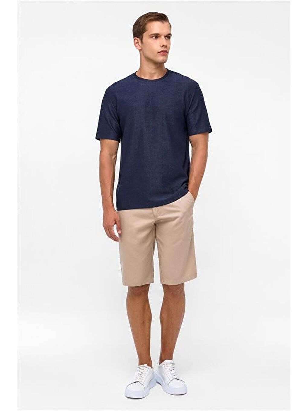 Lacivert Regular Desenli Bisiklet Yaka Tişört-5