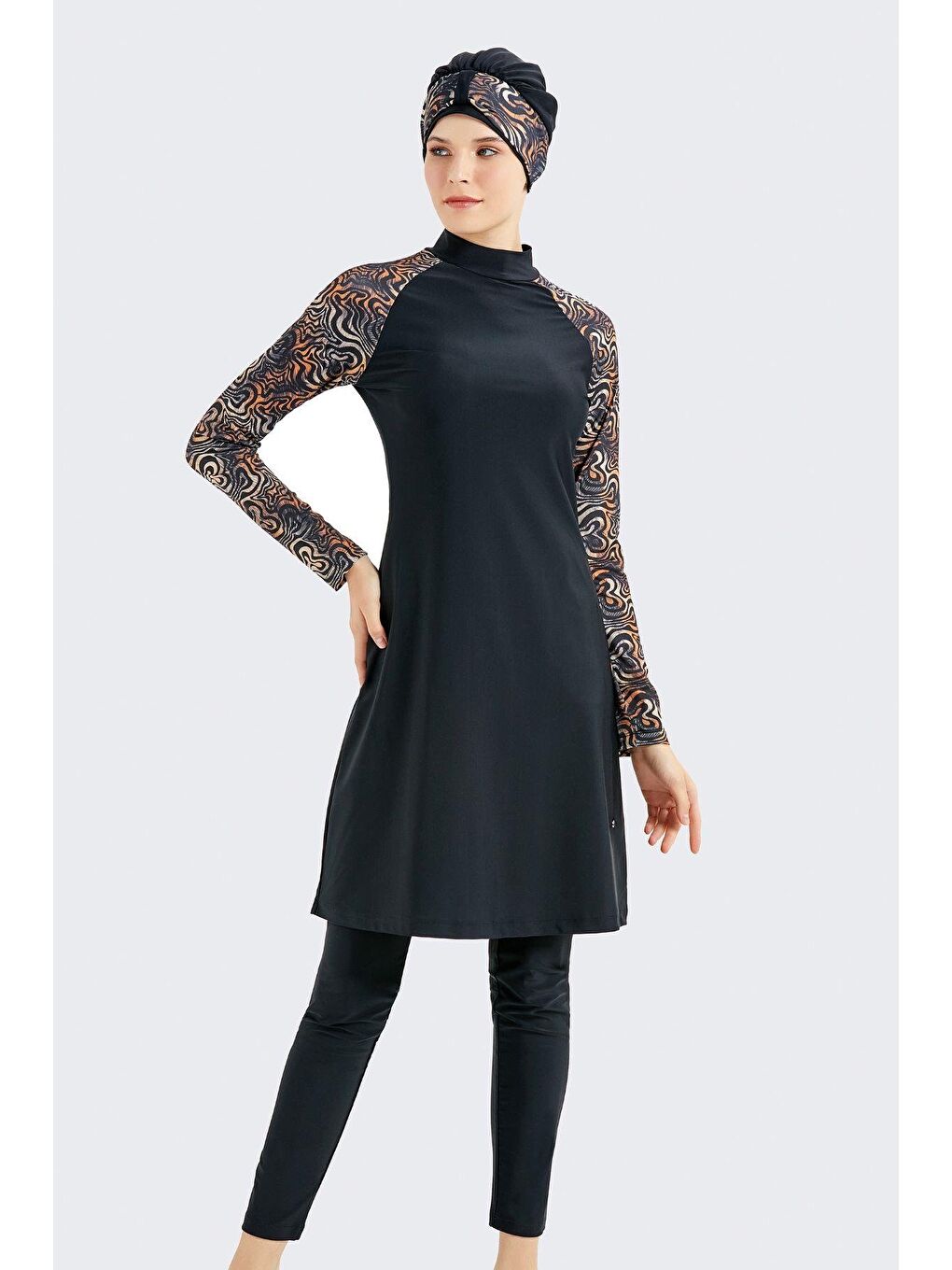 Tam Kapalı 4 Lü Tesettür Mayo C14020 Siyah/Leopar