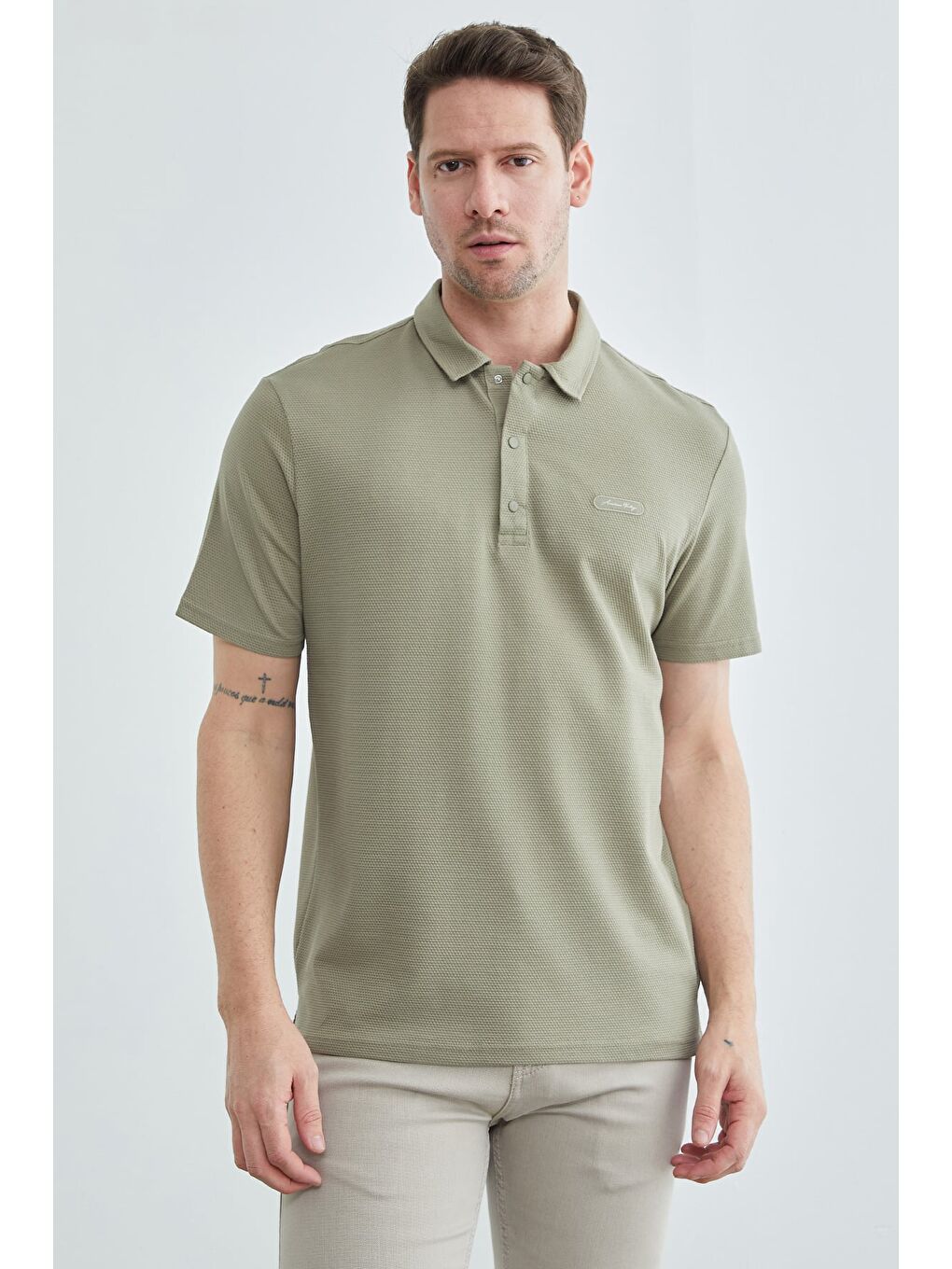 Haki Petek Kumaş Çıtçıtlı Polo Yaka Tişört-2