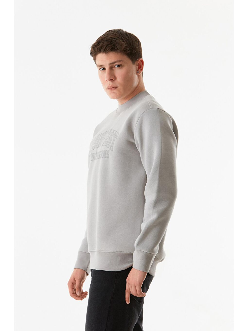 Fullamoda Gri Yazı Nakışlı Dik Yaka Sweatshirt - 3