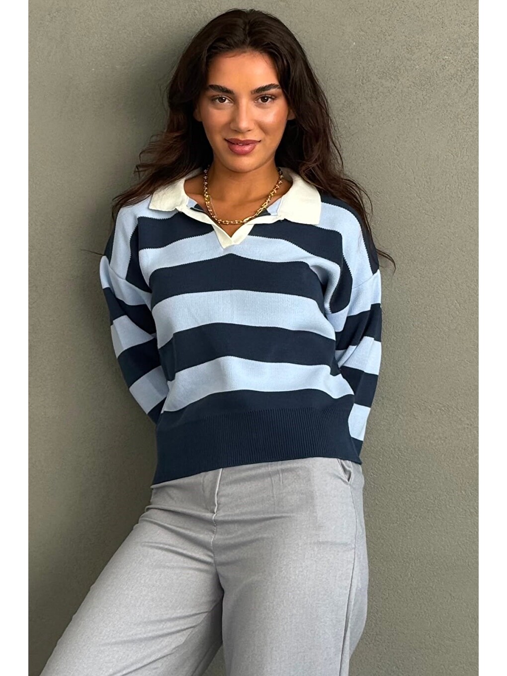 İndigo Çizgili Polo Yaka Kadın Kazak Mg2882-5