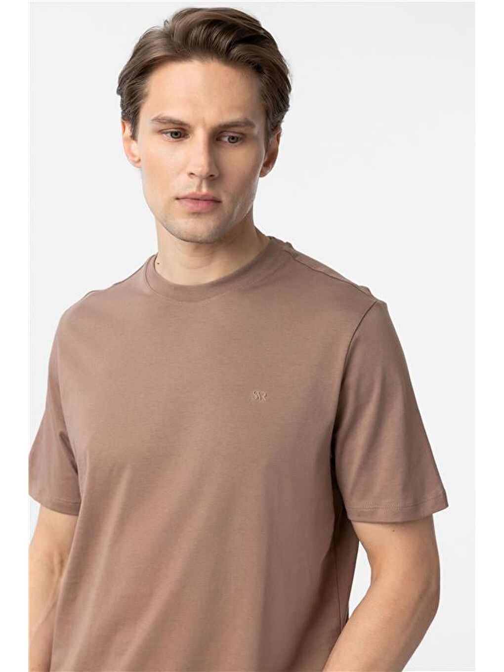 Kahverengi Kiremit Regular Düz Bisiklet Yaka Tişört-3