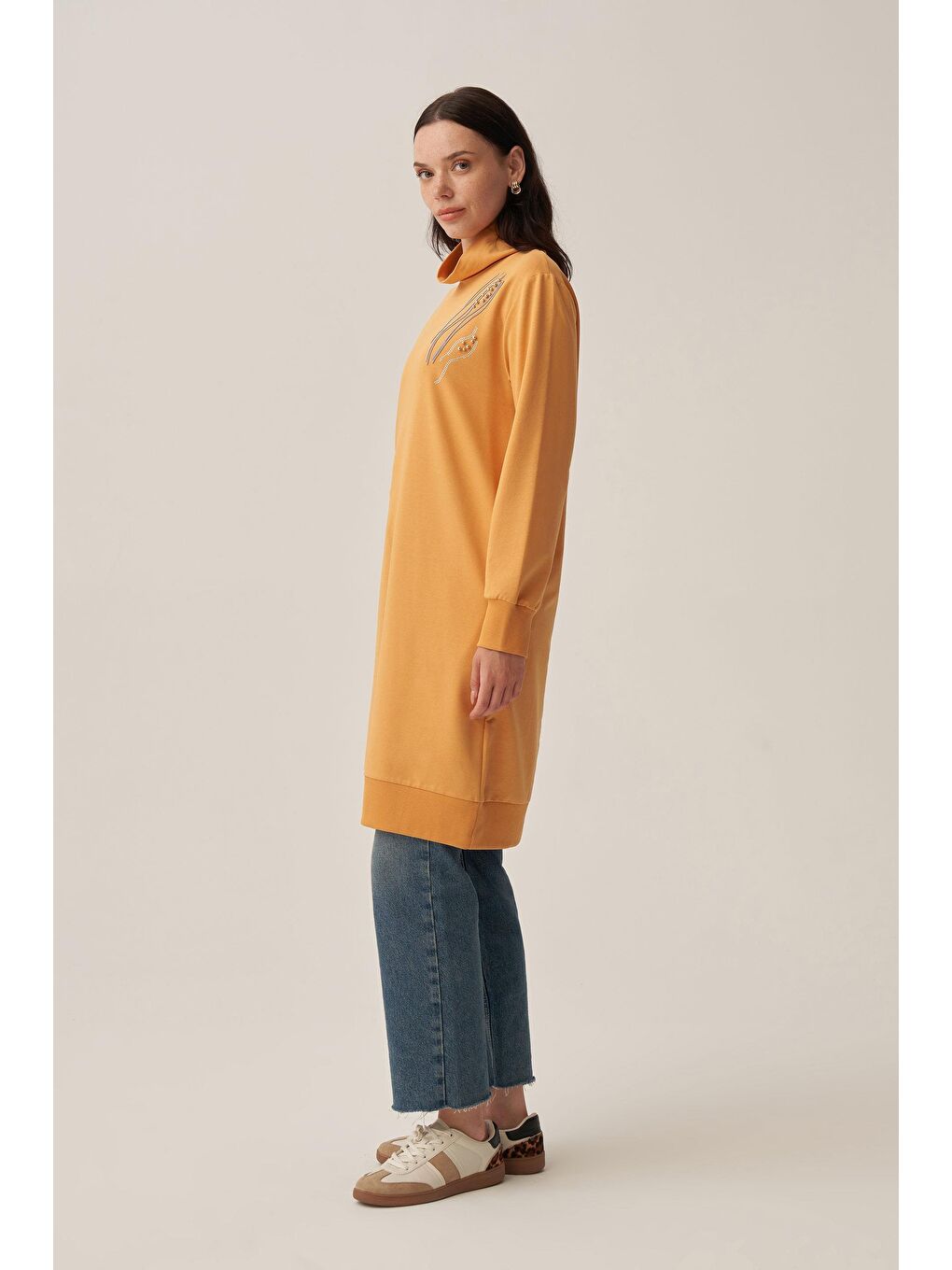 Kirli Sarı-Taş İşlemeli Pamuklu Tunik-1