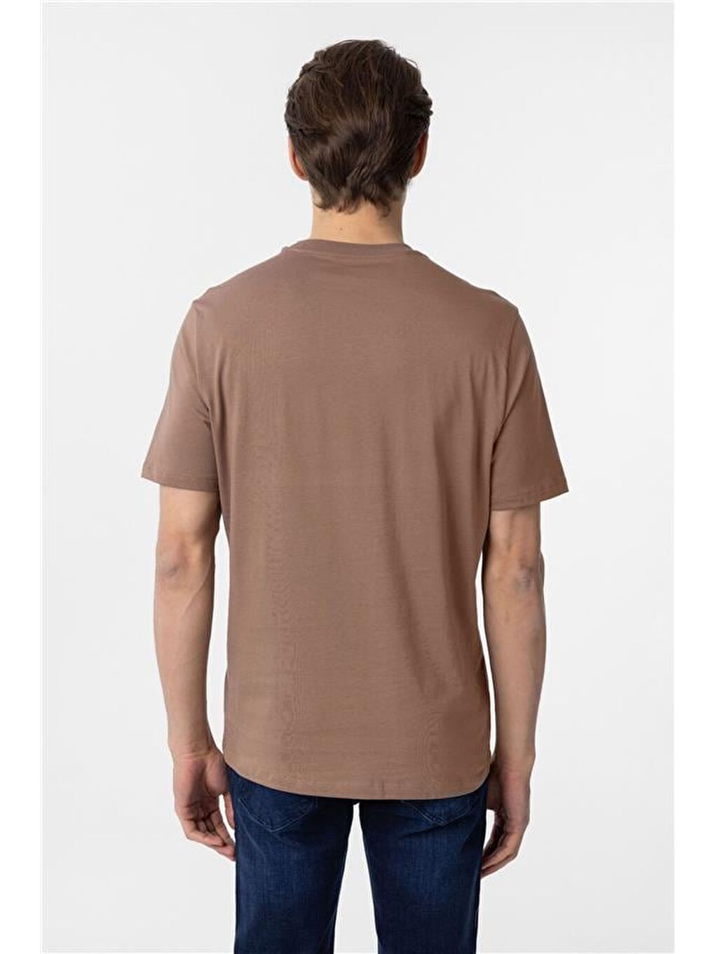 Kahverengi Kiremit Regular Düz Bisiklet Yaka Tişört-4