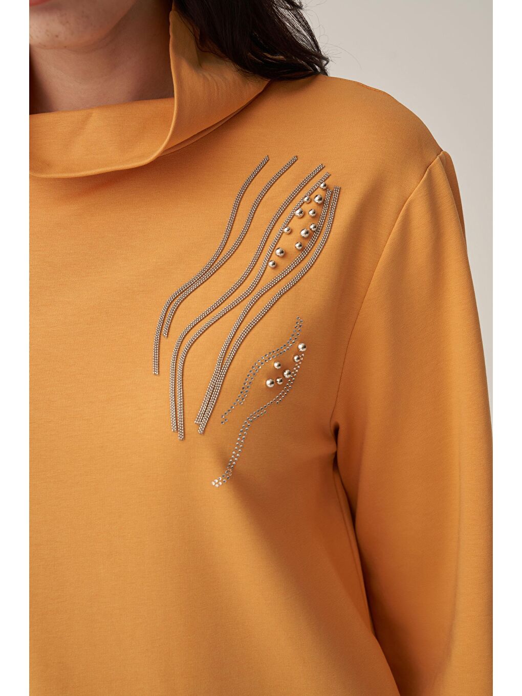 Kirli Sarı-Taş İşlemeli Pamuklu Tunik-3